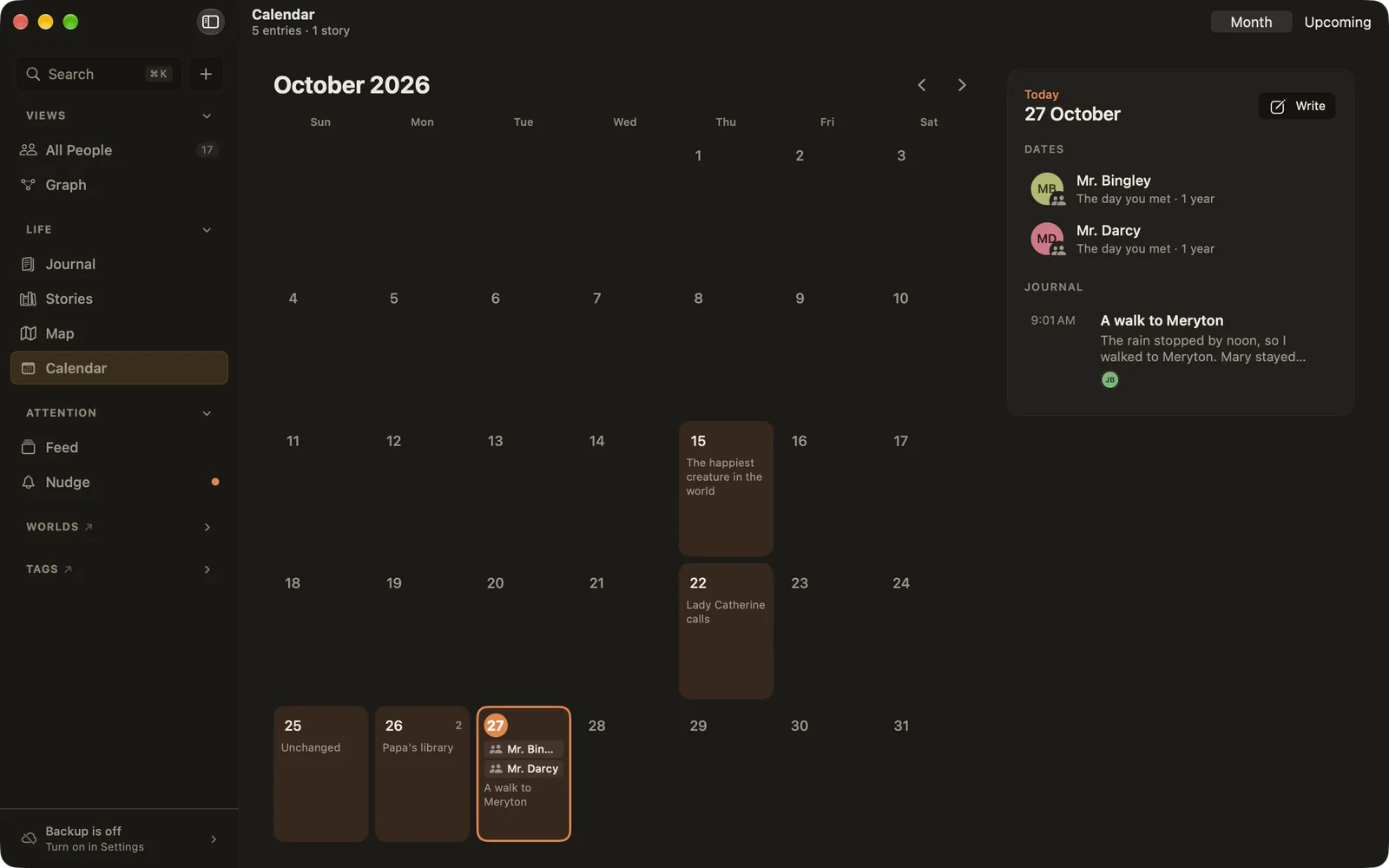 The Calendar in October: days with entries are filled in, and today shows the anniversaries of meeting Mr. Bingley and Mr. Darcy