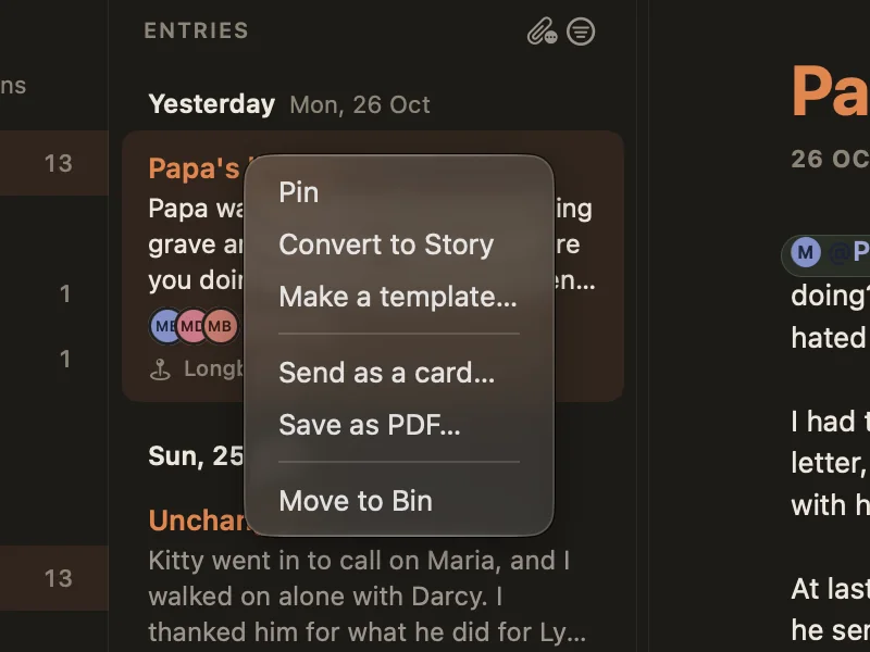 The right-click menu on a journal entry