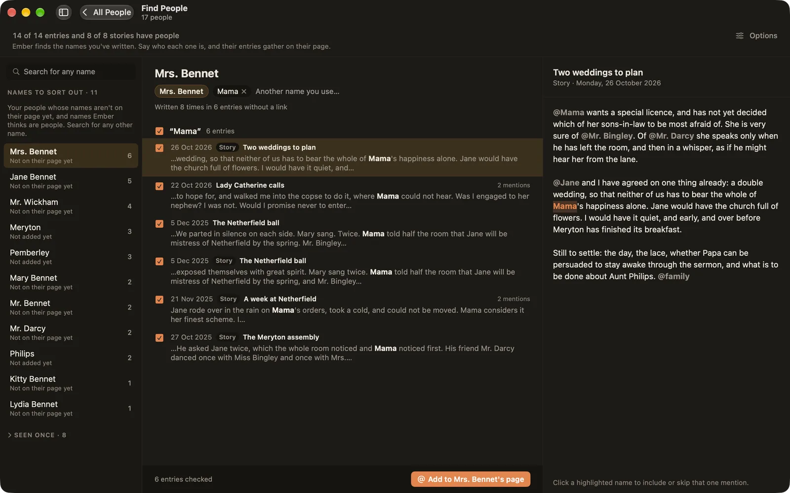 Find People in Journal: a list of names on the left, the entries that mention Mama in the middle, and the entry itself on the right