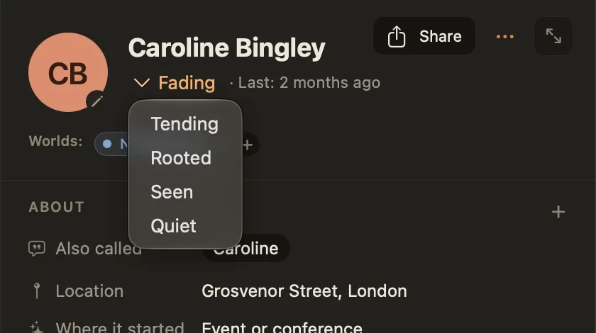 The intention menu under a person's name, offering Tending, Rooted, Seen and Quiet