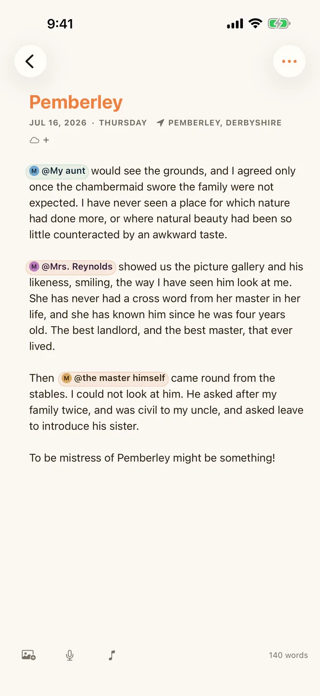 An entry on iPhone with people mentioned, and Nudge on iPhone