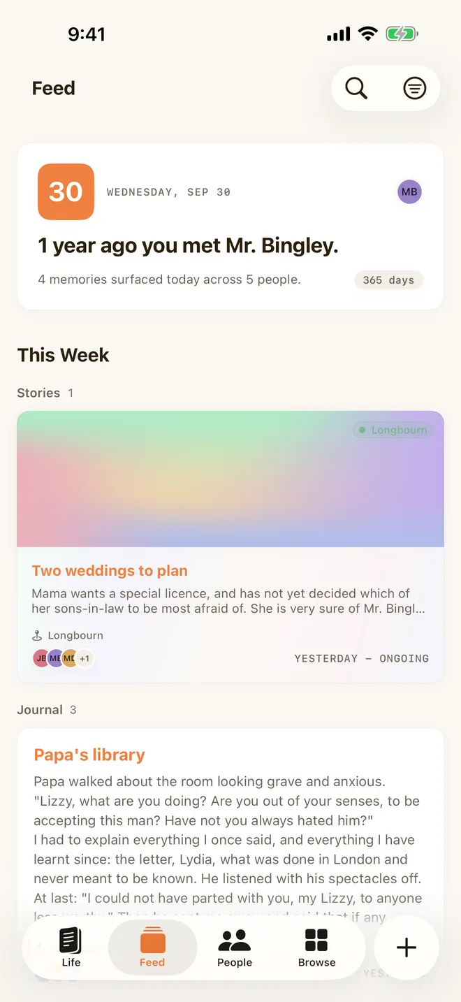 Ember on iPhone: the Journal in the Life tab, the People list, and the Feed