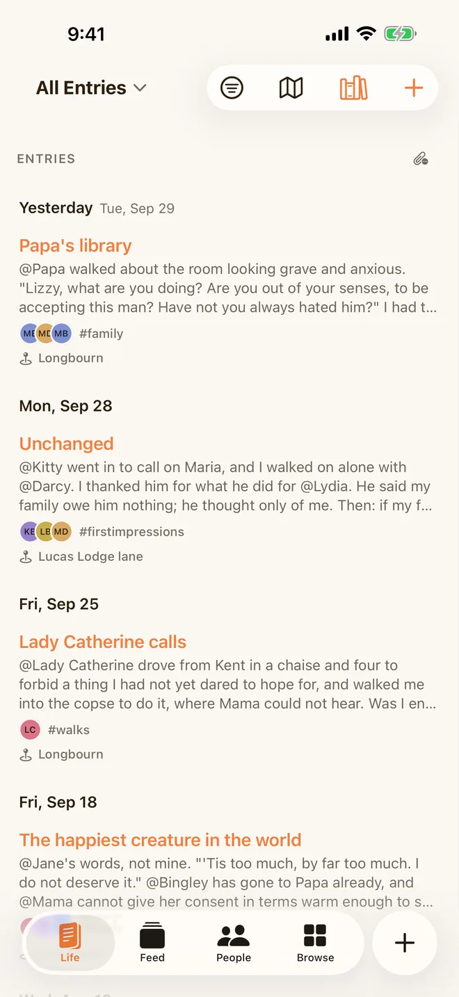 Ember on iPhone: the Journal in the Life tab, the People list, and the Feed