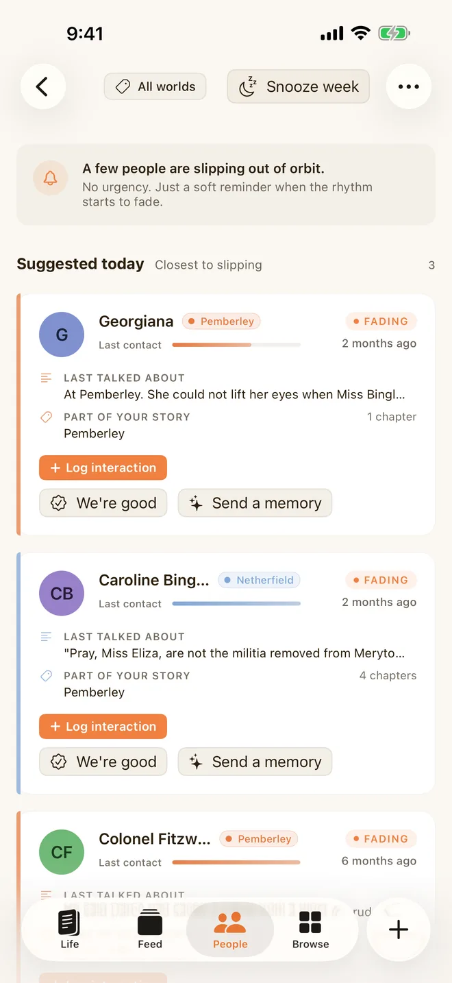 An entry on iPhone with people mentioned, and Nudge on iPhone