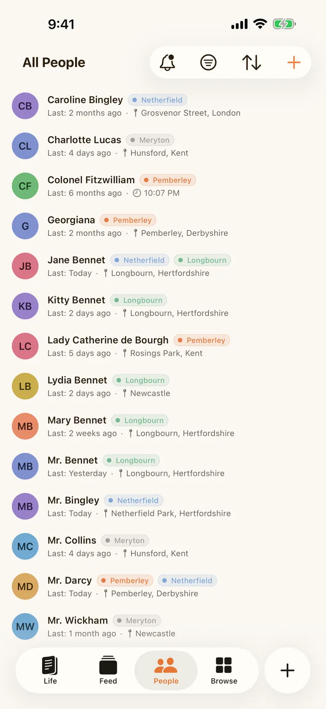 Ember on iPhone: the Journal in the Life tab, the People list, and the Feed