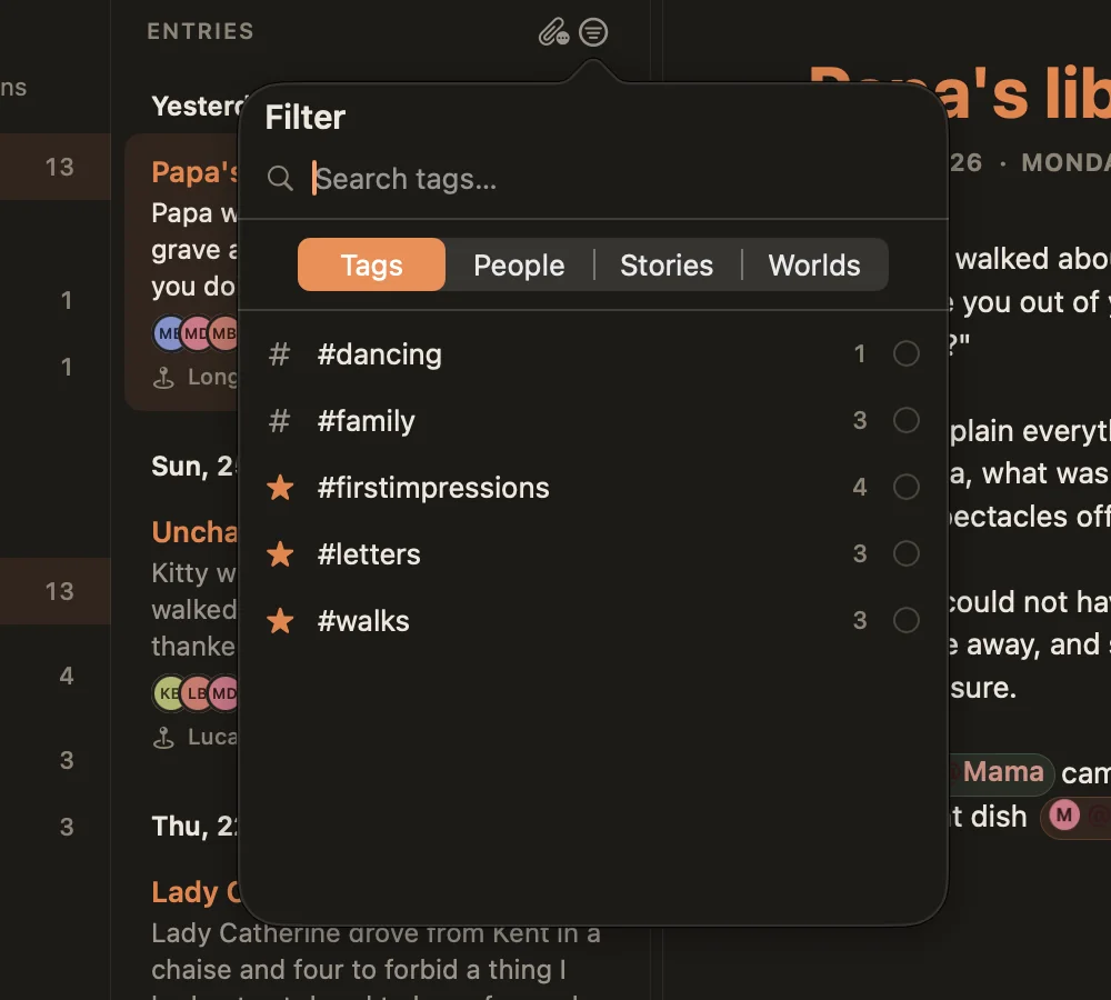 The journal filter popover with Tags, People, Stories and Worlds