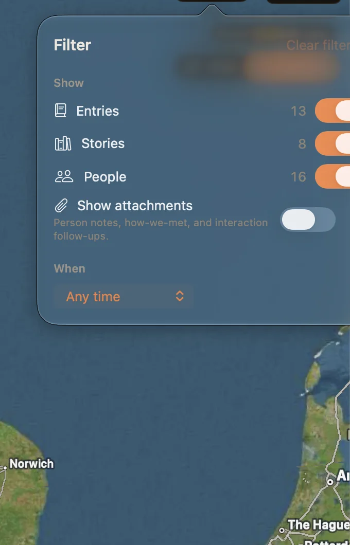 The Map's filter panel: Entries, Stories and People switches, Show attachments, and When set to Any time