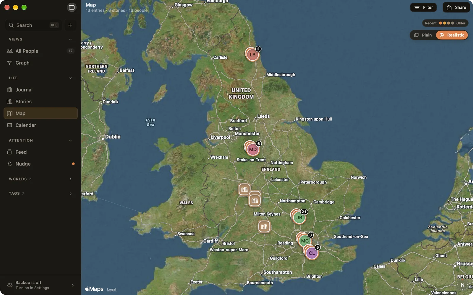 The Map in Realistic style: pins for entries, stories and people across England