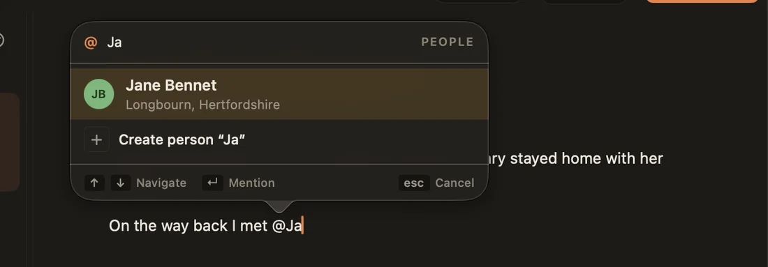 Typing @Ja shows Jane Bennet and Create person Ja