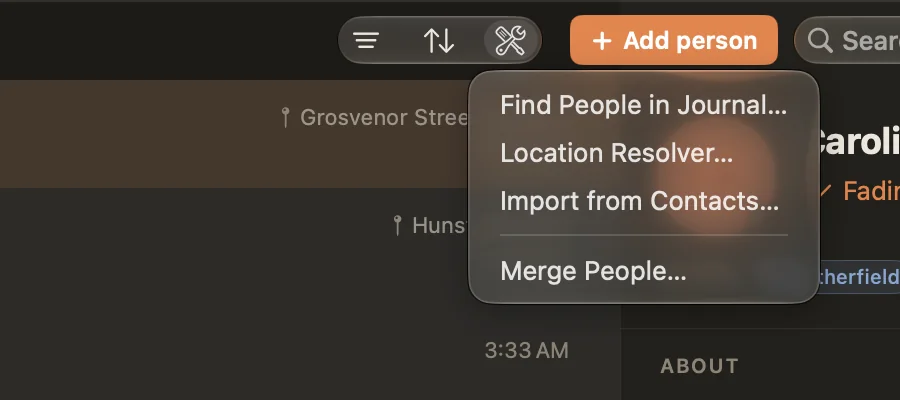 The People tools menu: Find People in Journal, Location Resolver, Import from Contacts, Merge People