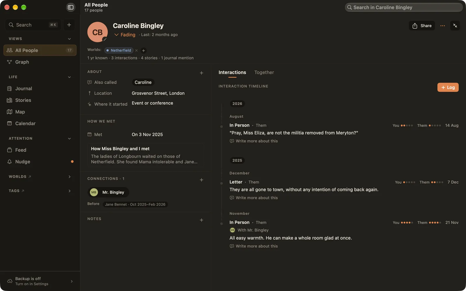 A person's page with the interaction timeline: in person, a letter, a visit