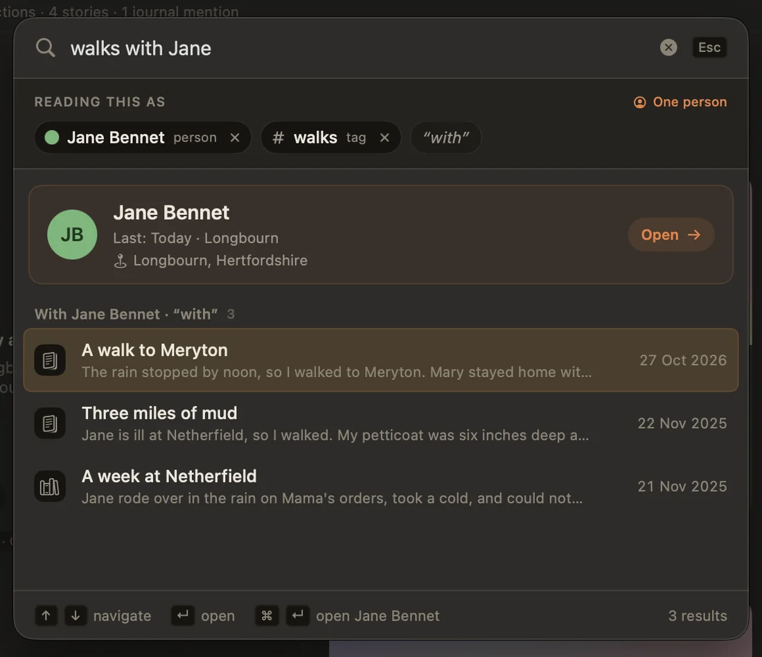 Search reading walks with Jane as the person Jane Bennet, the tag walks and the word with