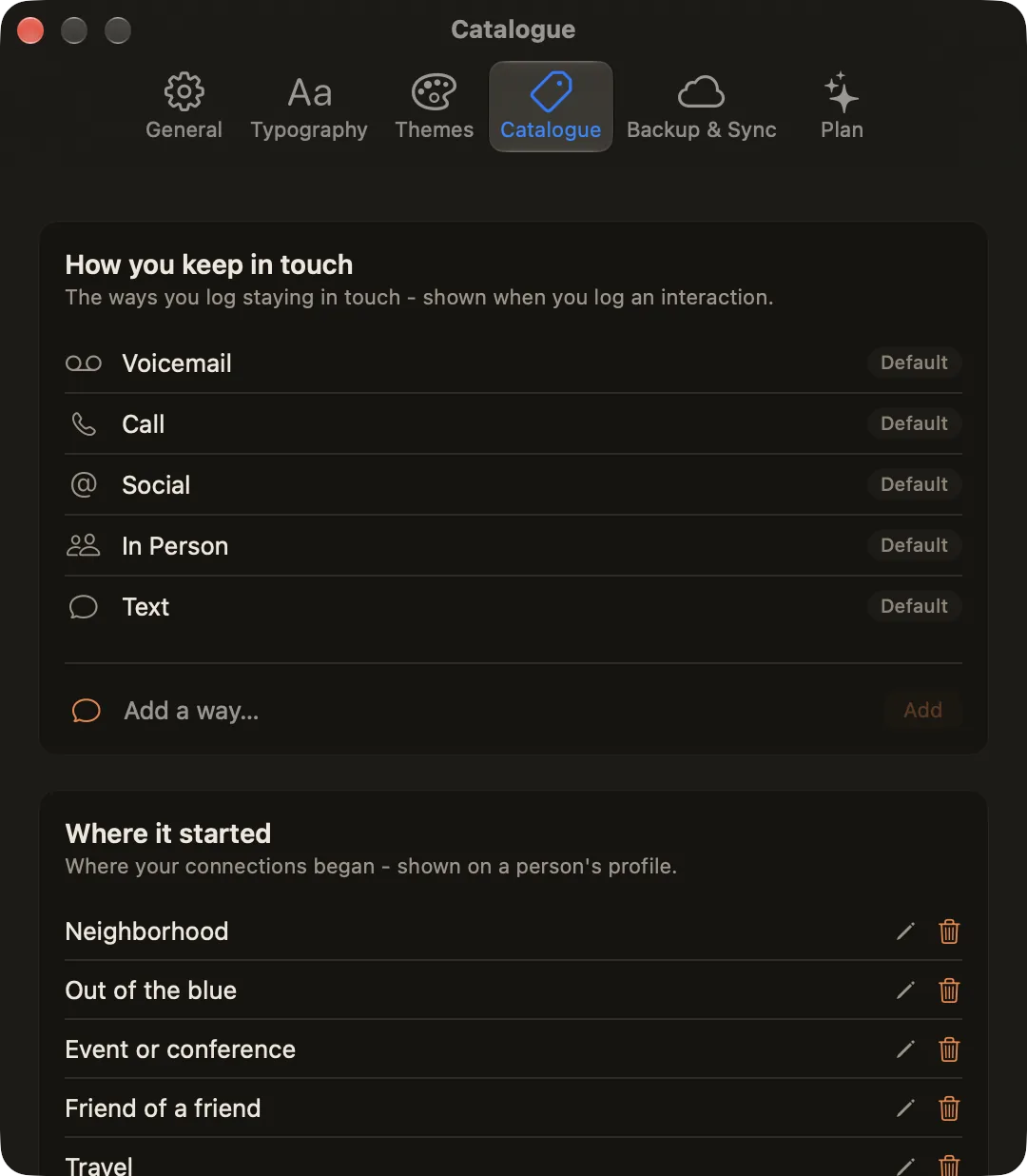 Settings, Catalogue tab: How you keep in touch, with Voicemail, Call, Social, In Person and Text, and Where it started