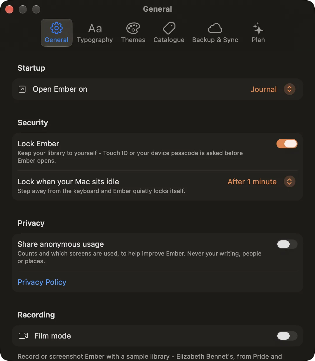 Settings, General tab: Open Ember on, Lock Ember, Lock when your Mac sits idle, Share anonymous usage and Film mode