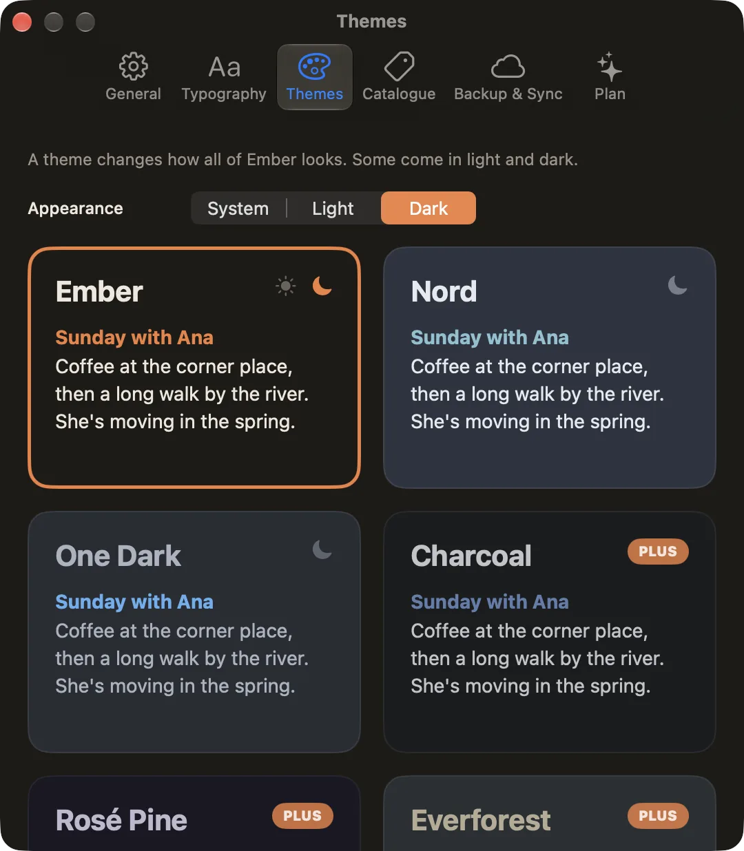 Settings, Themes tab: Appearance System, Light or Dark, and theme cards for Ember, Nord, One Dark, Charcoal, Rosé Pine and Everforest
