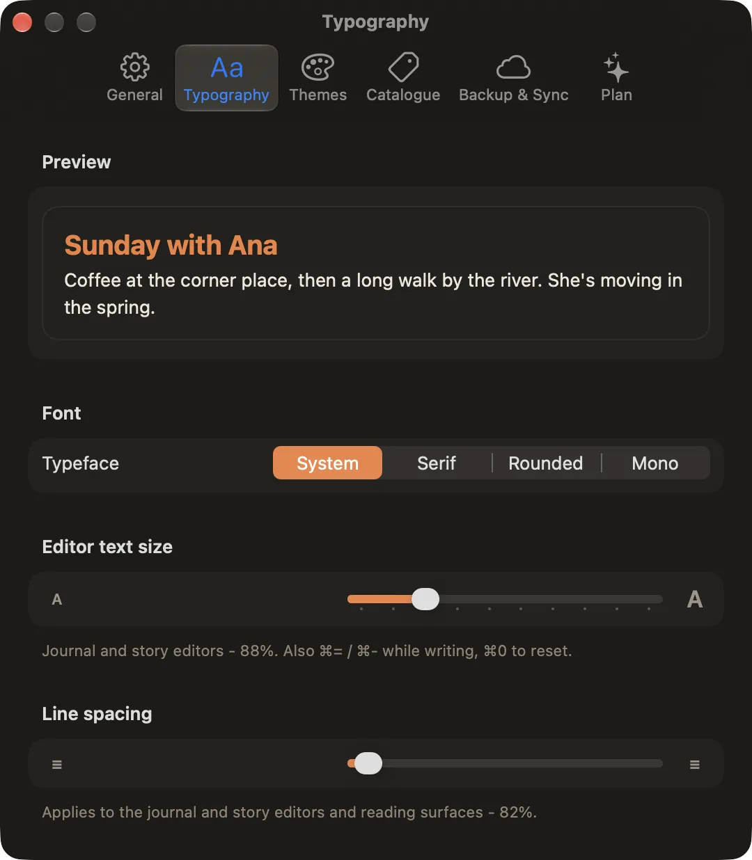 Settings, Typography tab: a preview, Typeface System, Serif, Rounded or Mono, editor text size and line spacing