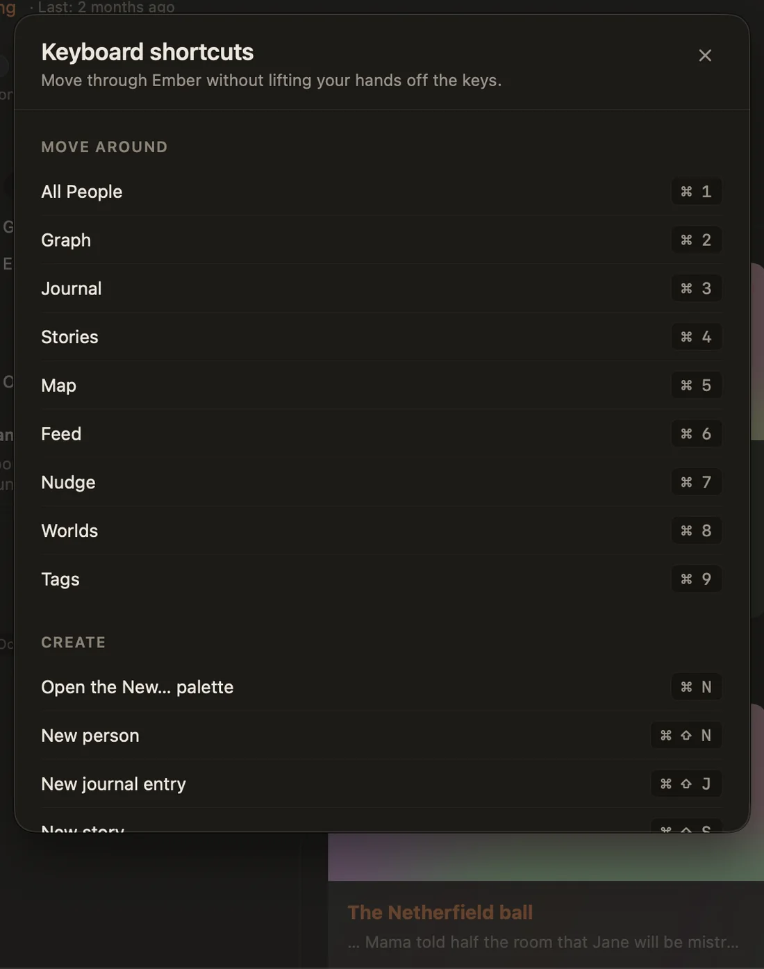The Keyboard shortcuts sheet in Ember