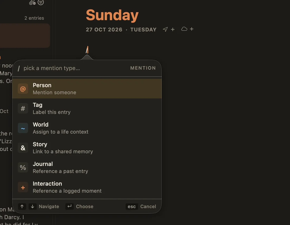 The slash menu listing Person, Tag, World, Story, Journal and Interaction