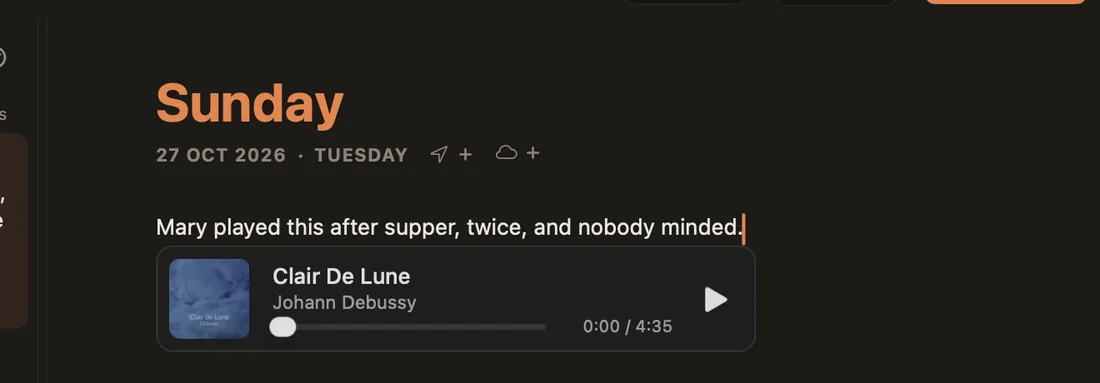 An entry with a song card: Clair de Lune by Debussy, with a play button