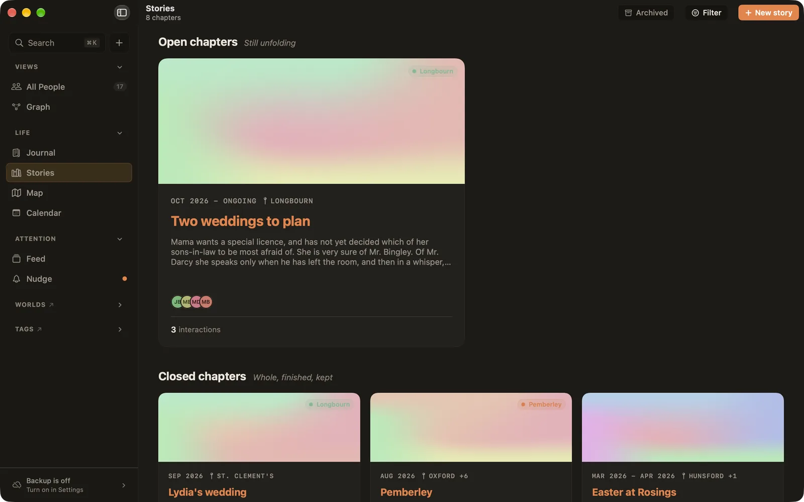 The Stories page with an open chapter, Two weddings to plan, and closed chapters below