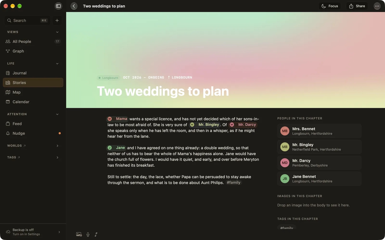 A story page: a soft gradient cover, Two weddings to plan, the text with mentions, and the people in this chapter on the right
