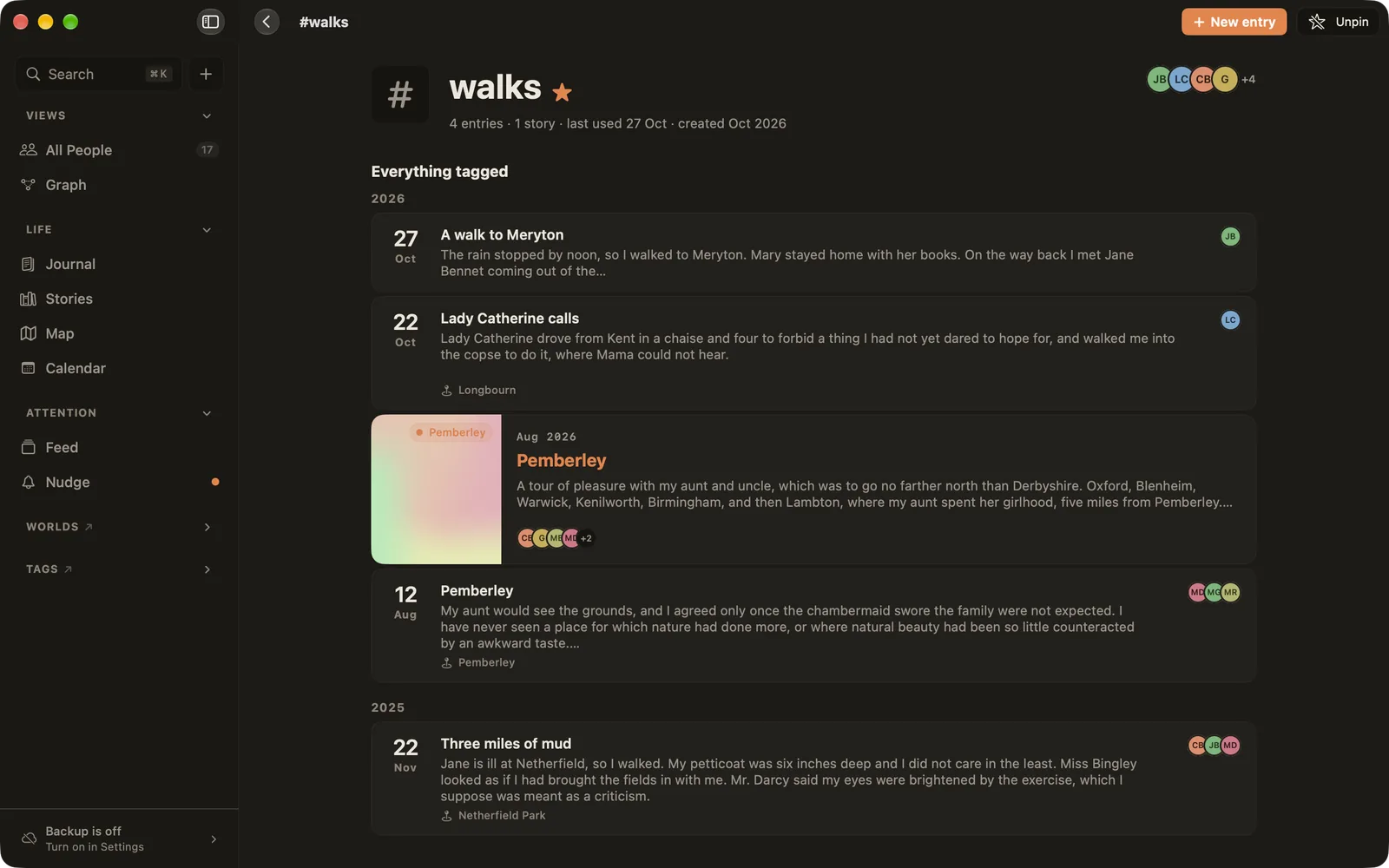The walks tag page: four entries and a story, by year, with the people in them