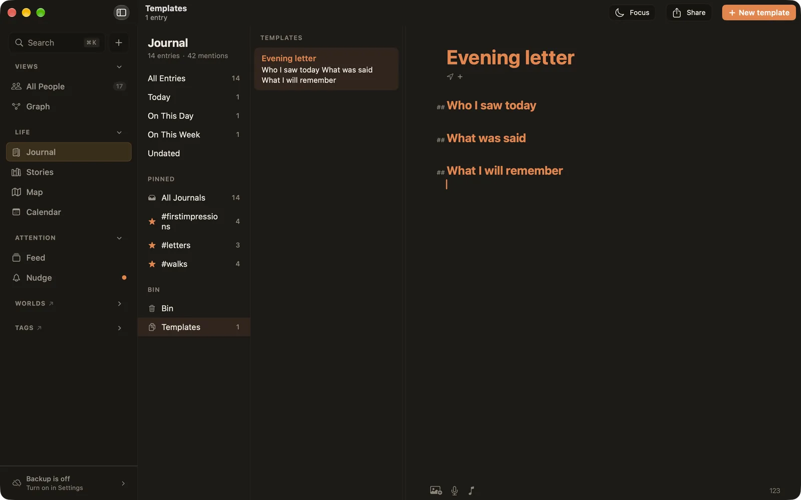 The Templates list with an Evening letter template: three headings, Who I saw today, What was said, What I will remember