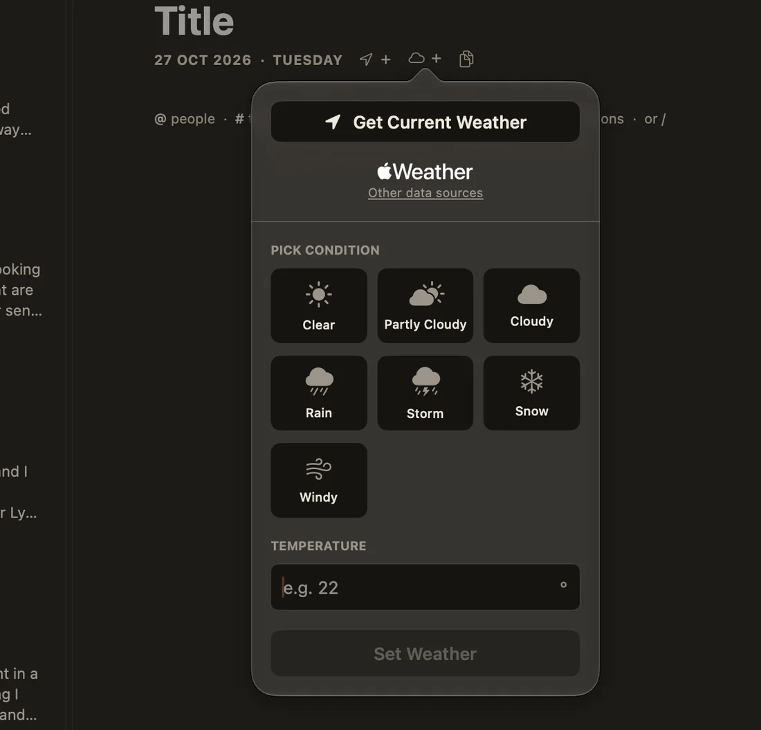 The weather picker with conditions and a temperature field