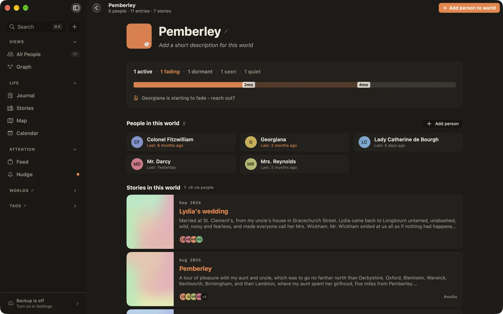 The Pemberley world page: one active, one fading, one dormant, one seen, one quiet, then its people and stories
